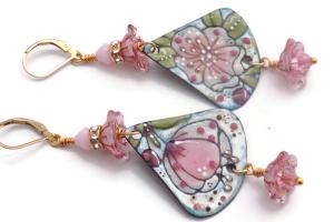 Handmade Pink Floral Enamel Earrings, Boho Design Jewelry