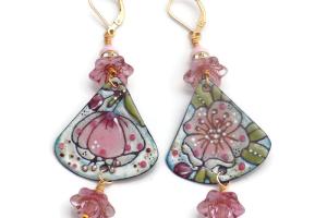 Handmade Pink Floral Enamel Earrings, Boho Design Jewelry