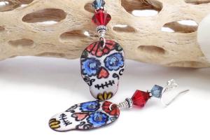 Colorful Sugar Skull Enamel Earrings, Day of the Dead Halloween Jewelry