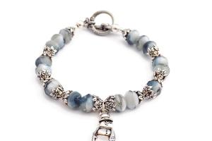 Snowman Charm Bracelet with Blue and White Czech Glass Beads Holiday Jewelry