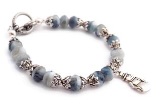 Snowman Charm Bracelet with Blue and White Czech Glass Beads Holiday Jewelry