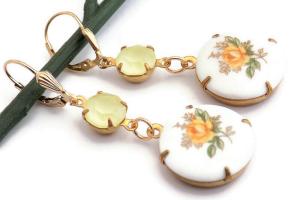 Yellow Rose Earrings Vintage Rhinestone Romantic Handmade Mothers Day Gift