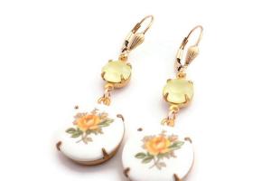 Yellow Rose Earrings Vintage Rhinestone Romantic Handmade Mothers Day Gift