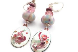 Bohemian Enamel Swirl Earrings, Pastel Lampwork Crystal Jewelry