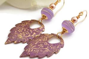   Brass Leaf Earrings, Purple Patina Lampwork Swarovski Pearls Handmade Jewelry 