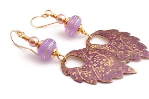   Brass Leaf Earrings, Purple Patina Lampwork Swarovski Pearls Handmade Jewelry 