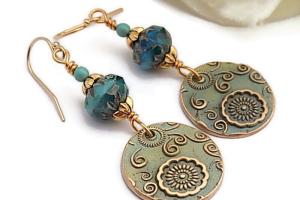 Handmade Patina Copper Bronze Earrings with Czech and Swarovski Crystals 