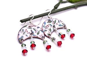 Holly Berry Earrings, Dangle Chandelier Swarovski Crystals Handmade Christmas