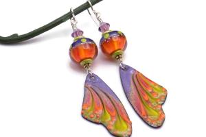 Lampwork Enamel Butterfly Wing Earrings, Purple Orange Lime Handmade Jewelry 