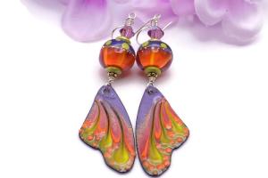 Lampwork Enamel Butterfly Wing Earrings, Purple Orange Lime Handmade Jewelry 
