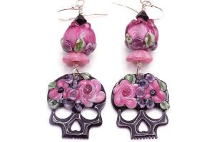 Sugar Skull Earrings, Floral Lampwork  Halloween Handmade Jewelry Gift