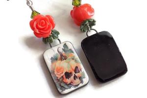 Halloween Skull Earrings, Rose Pumpkin Swarovski Handmade Jewelry