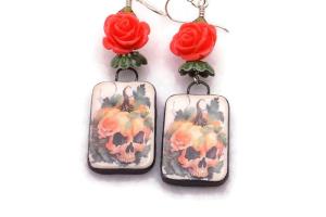 Halloween Skull Earrings, Rose Pumpkin Swarovski Handmade Jewelry
