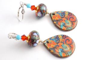 Colorful Paisley Teardrop Earrings, Lightweight Lampwork Glass Swarovski Handmade Jewelry 