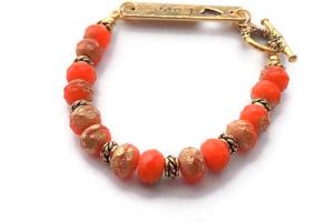 Tangerine Orange Crystal Bracelet with Gold Love Link, Handmade Jewelry