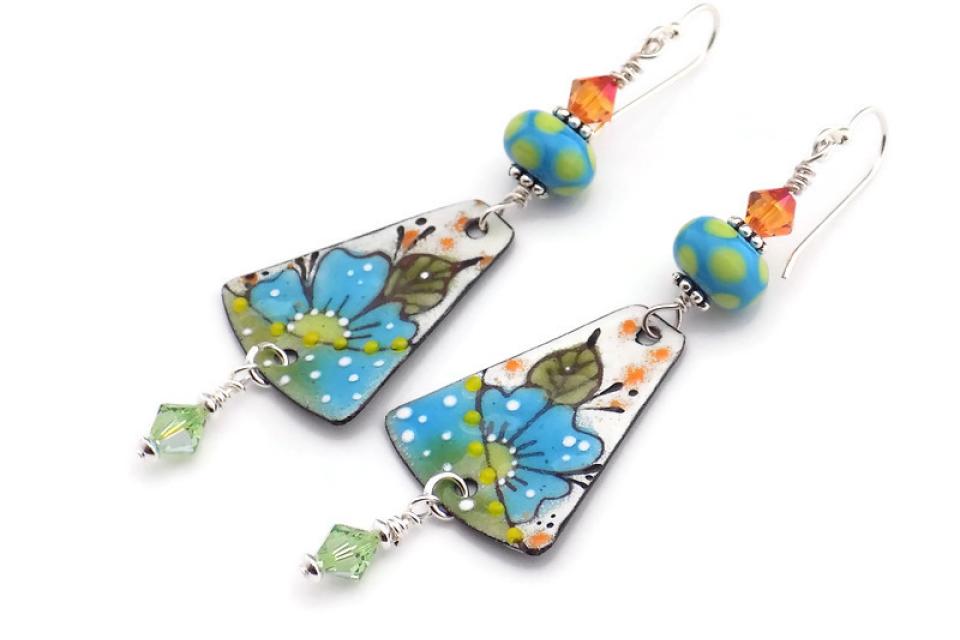 Artisan Blue Floral Enamel Earrings,  Lampwork Crystal Handmade Jewelry