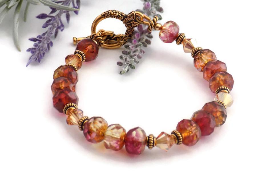 Women Crimson Pink and Yellow Bracelet, Handmade Jewelry Gift 