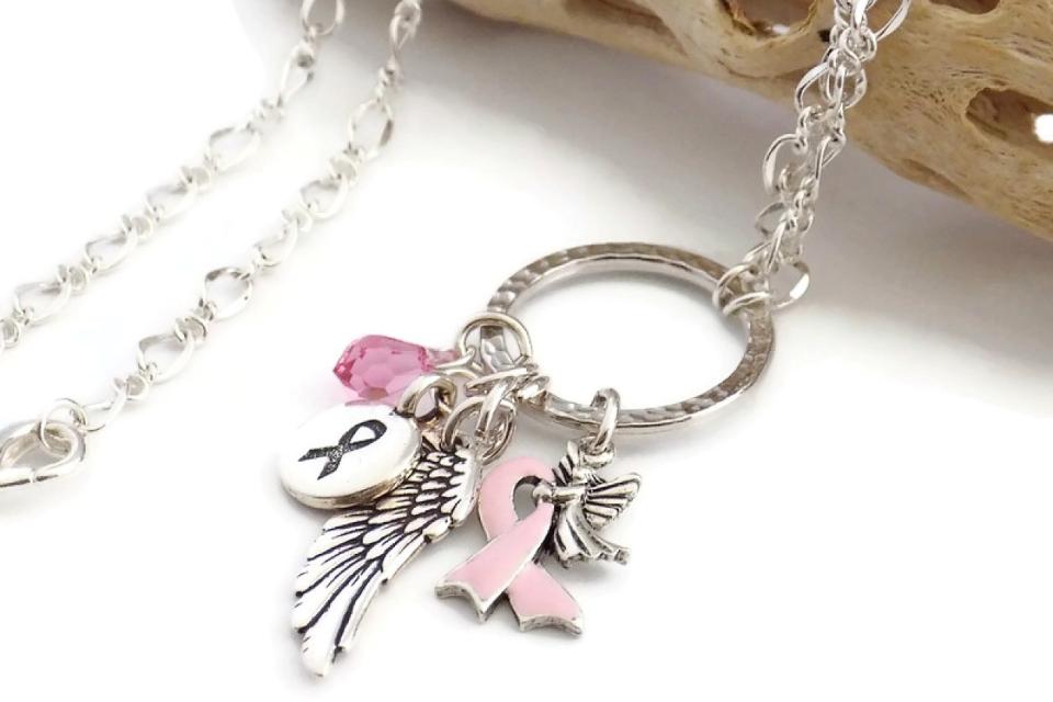 Breast Cancer Awareness Necklace, Swarovski Crystals Cancer Ribbon Handmade Jewelry