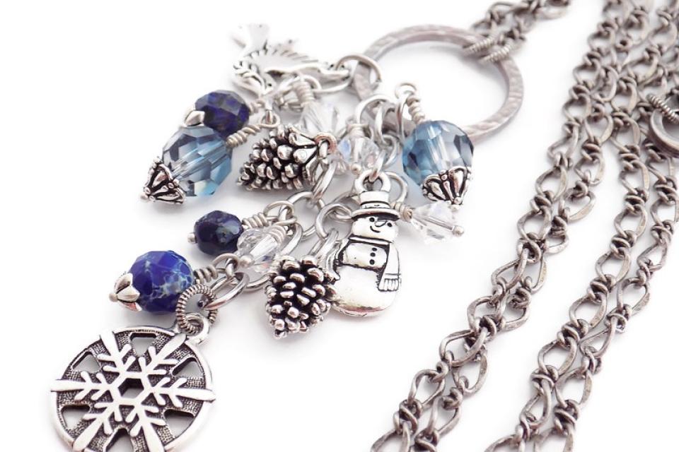 Winter Charm Necklace, Dove Snowman Pinecone Swarovski Handmade Jewelry 