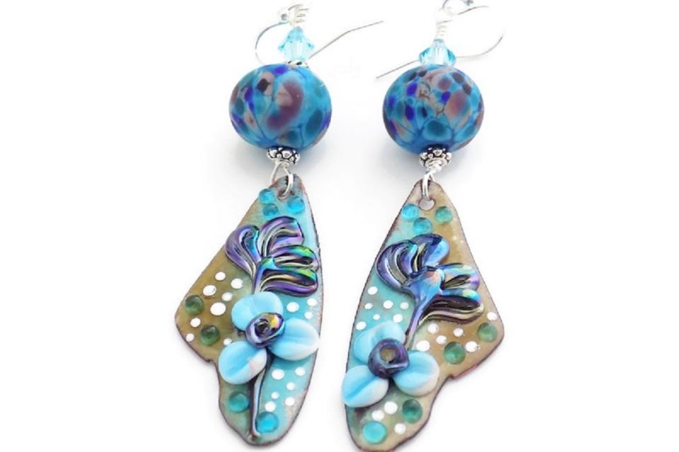Enamel Earrings with Blue Purple Flowers, Handmade Lampwork Jewelry
