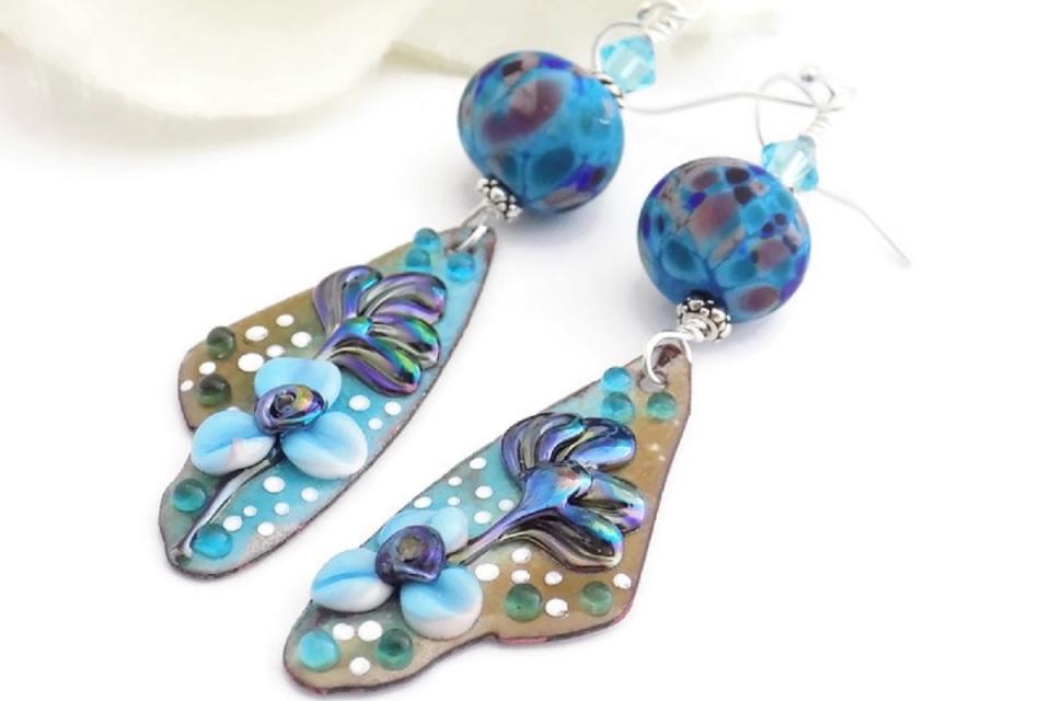 Enamel Earrings with Blue Purple Flowers, Handmade Lampwork Jewelry