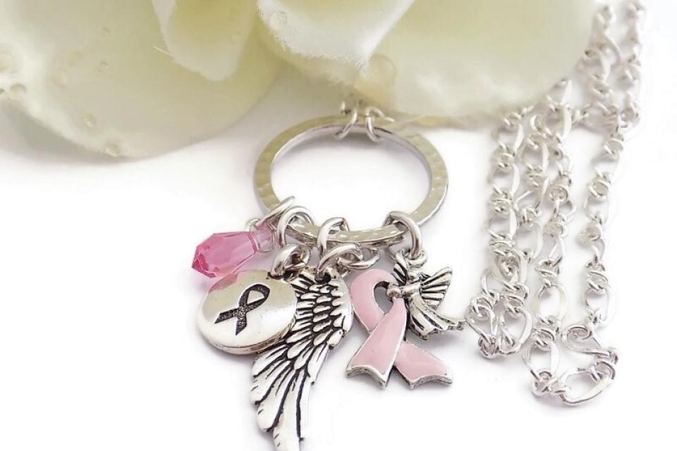 Breast Cancer Awareness Necklace, Swarovski Crystals Cancer Ribbon Handmade Jewelry