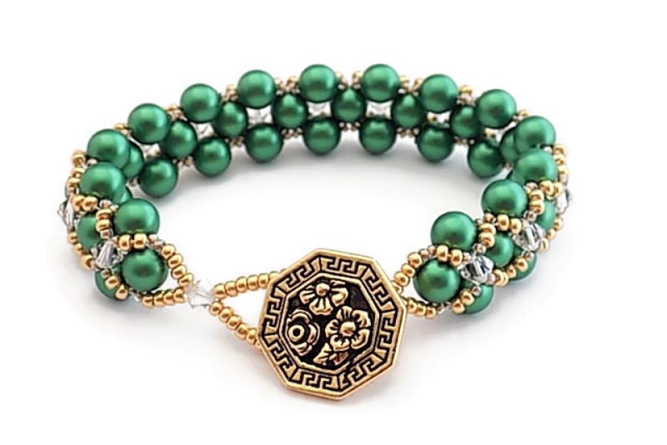 Green Pearl Bracelet, Hugs and Kisses Swarovski Handmade Christmas Jewelry