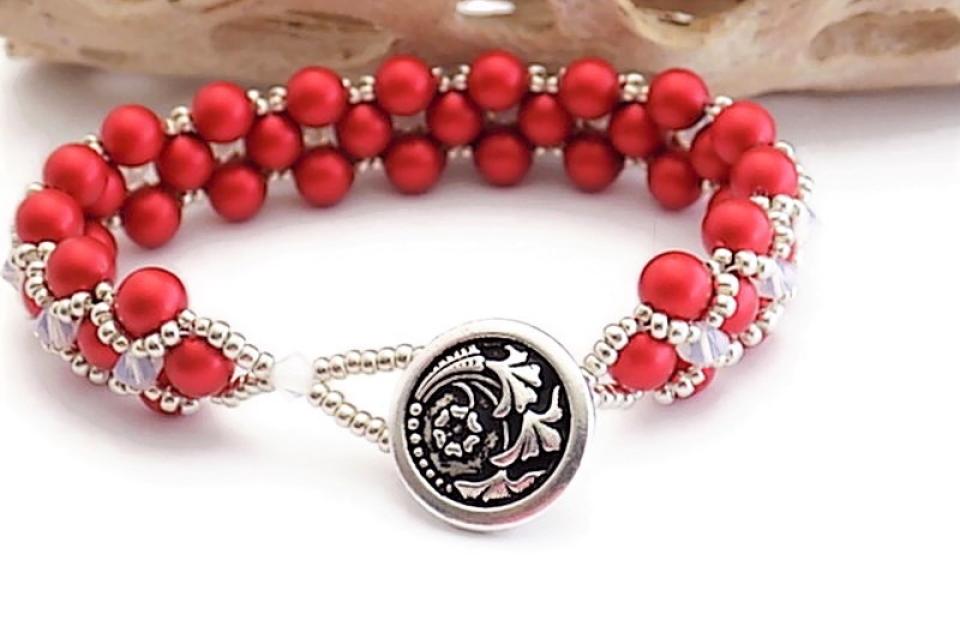 Red Pearl Bracelet, Swarovski Crystals Handmade Holiday Jewelry