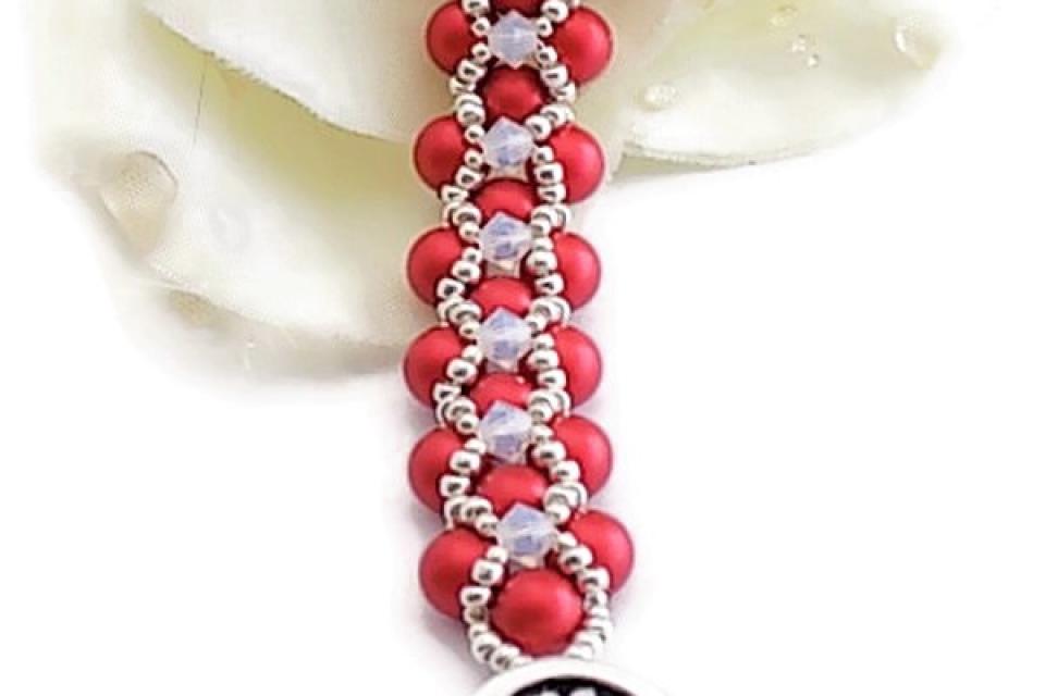 Red Pearl Bracelet, Swarovski Crystals Handmade Holiday Jewelry