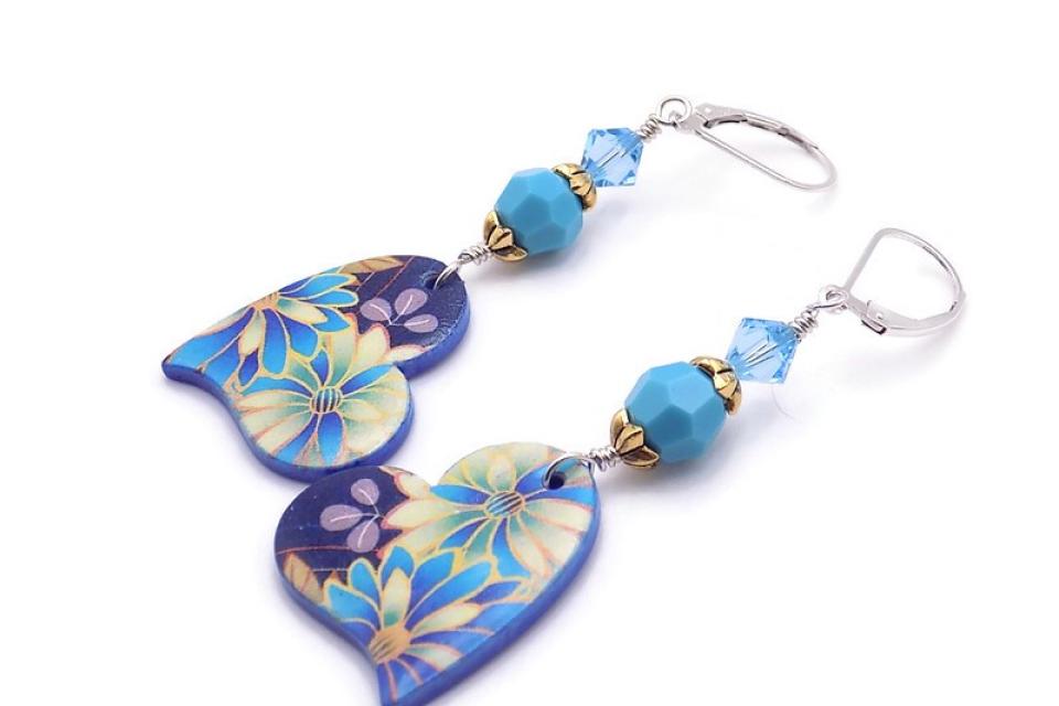 Blue Heart Earrings, Flowers Crystals Lightweight Handmade Jewelry