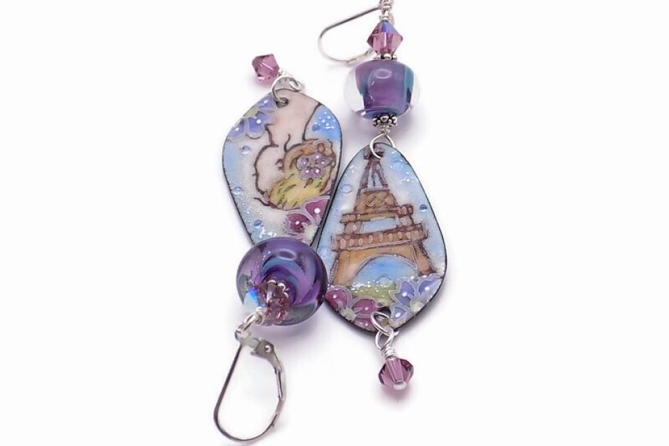 Eiffel Tower Enamel Earrings, Lady Lampwork Romantic Handmade Jewelry