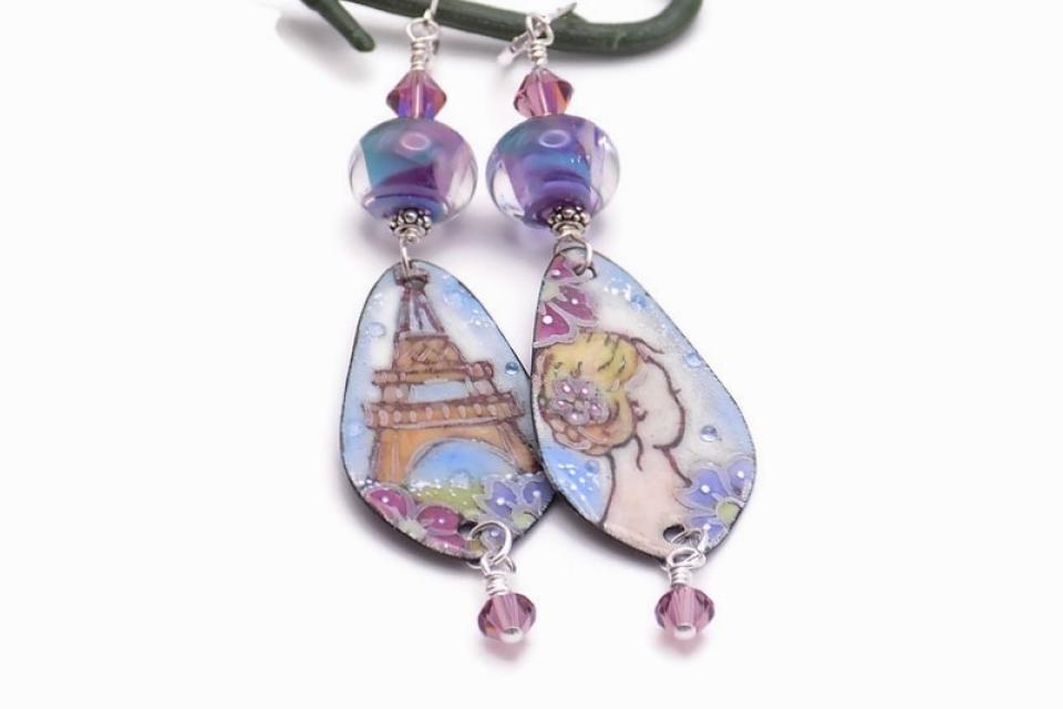 Eiffel Tower Enamel Earrings, Lady Lampwork Romantic Handmade Jewelry