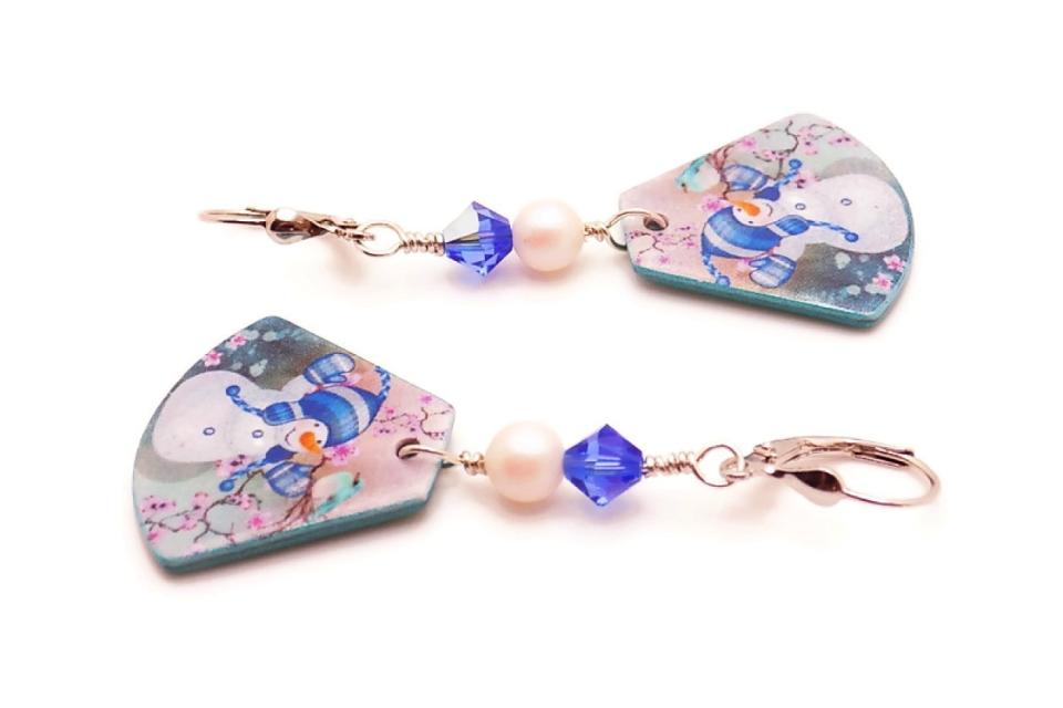 Snowman Earrings, Swarovski Pearls Blue Crystals Handmade Christmas Jewelry 
