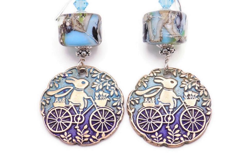 Handmade Crystal Lampwork Bunny Earrings, Perfect Gift for a Bicycling Lover