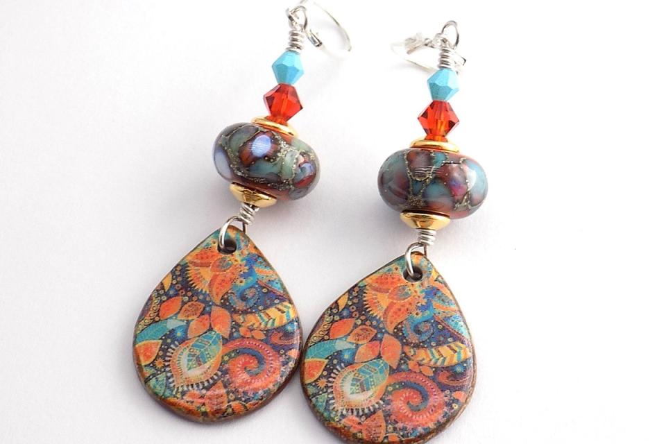 Colorful Paisley Teardrop Earrings, Lightweight Lampwork Glass Swarovski Handmade Jewelry 