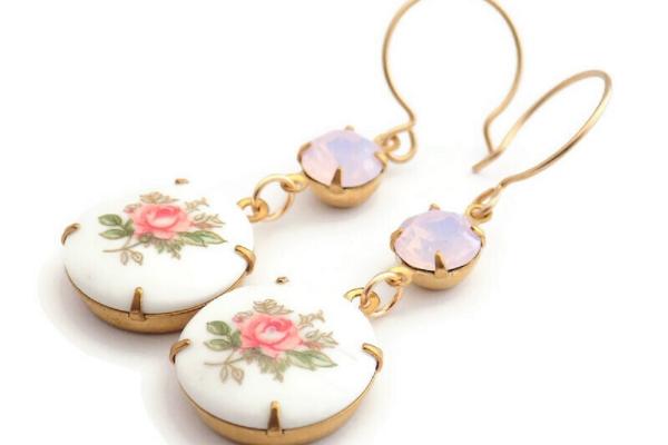 Pink Rose Earrings, Vintage Style Rhinestones Romantic Handmade Jewelry