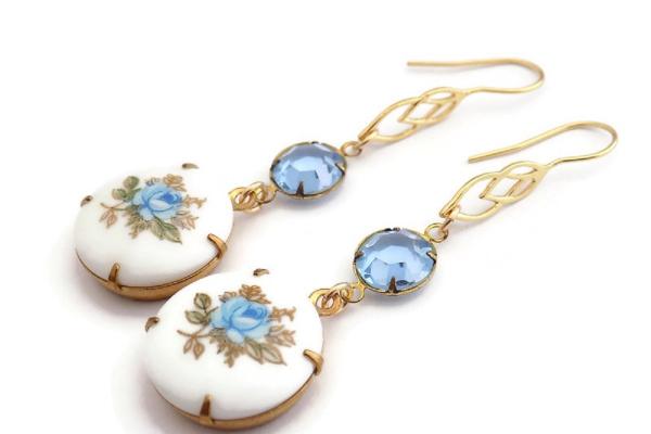 Sapphire Blue Rose Earrings, Crystals Romantic Handmade Jewelry Gift