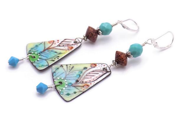 Artisan Turquoise Brown Earrings, Crystals Wood Handmade Jewelry Gift