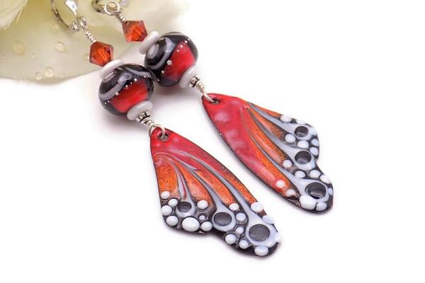Luminous Monarch Wings Earrings, Lampwork Beads Crystal Handmade Jewelry 