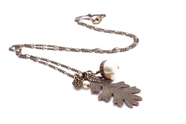 Bronze Oak Leaf and Acorn Necklace, Swarovski Pearls Nature-Inspired Handmade Jewelry
