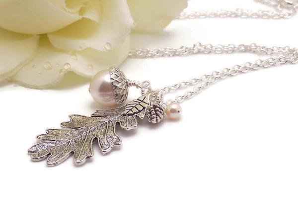 Acorn Leaf Necklace, Swarovski Pearl Autumn Handmade Jewelry