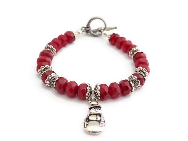 Snowman Charm Bracelet, Cranberry Red Handmade Christmas Jewelry