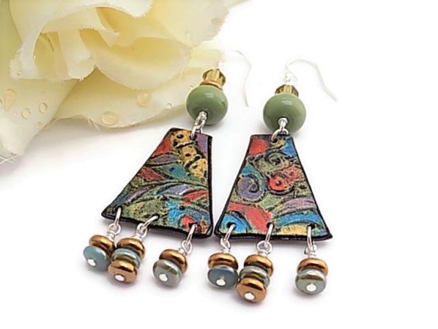 Tropical Earrings with Green Lampwork  and Crystal Beads, Handmade Jewelry