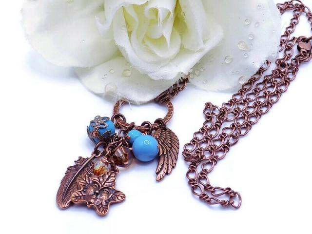  Charm Necklace, Copper Turquoise Swarovski Handmade Jewelry