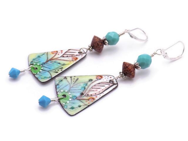 Artisan Turquoise Brown Earrings, Crystals Wood Handmade Jewelry Gift