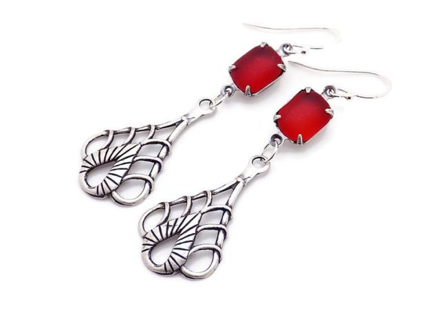 Vintage Cherry Red Earrings, Art Nouveau Filigree Teardrops Handmade Jewelry